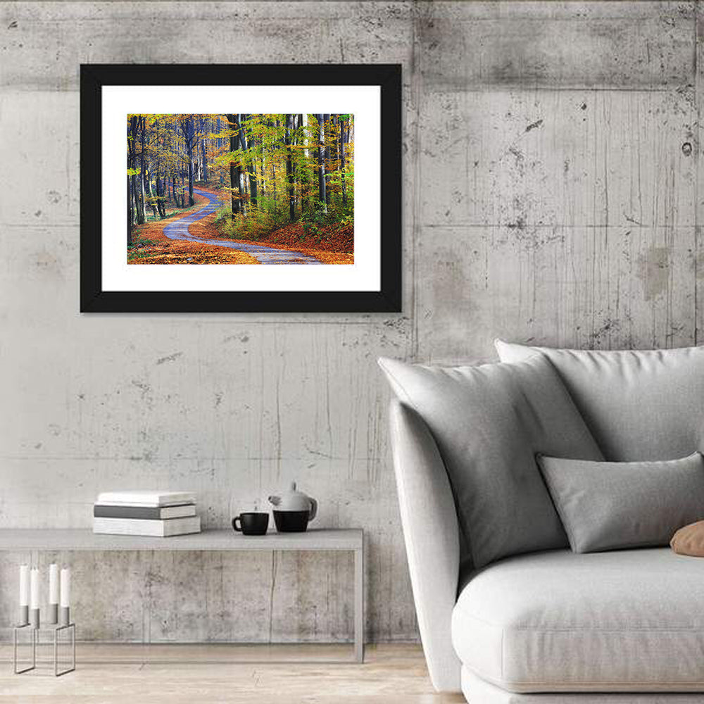 Winding Autumn Forest Path Wall Art in a room, landscape