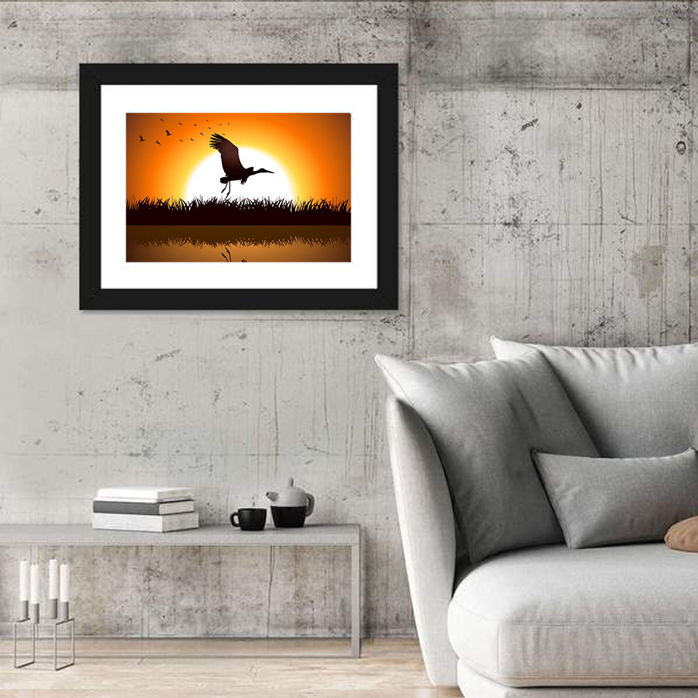 Silhouette Illustration Of Stork Wall Art