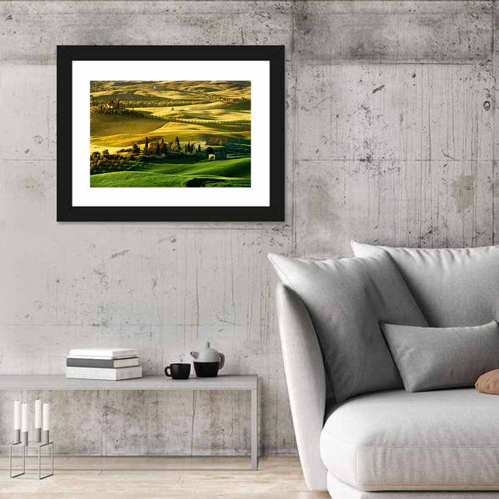 Tuscany Fields at Golden Hour Wall Art in a room, landscape