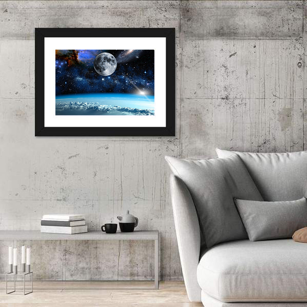Earth and Moon Over Clouds Wall Art in a room, landscape