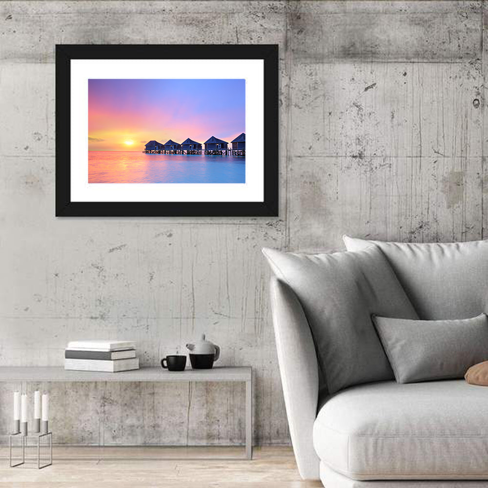 Maldives Sunset Over Water Bungalows Wall Art
