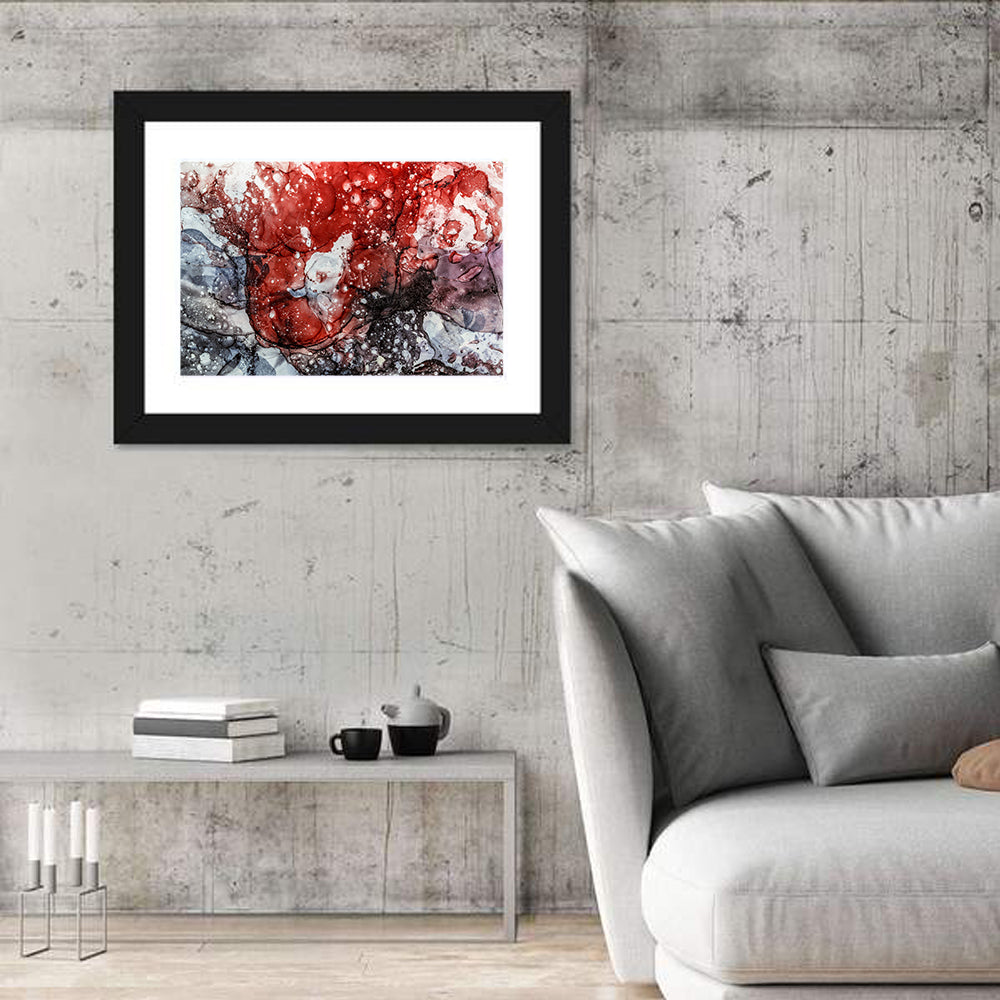 Maroon and Gray Alcohol Ink Abstract Wall Art in a room, landscape