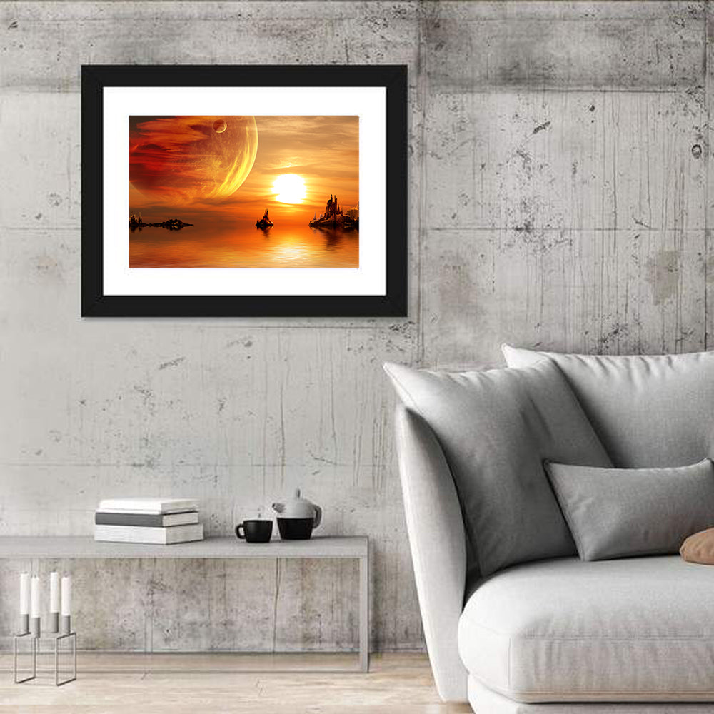 Alien Planet Sunset Wall Art in a room, landscape