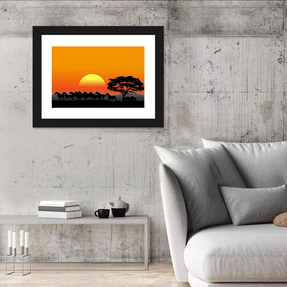 Herd of Horses at Sunset Wall Art in a room, landscape