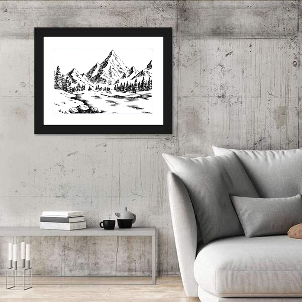 Monochrome Mountain Lake Sketch Wall Art in a room, landscape