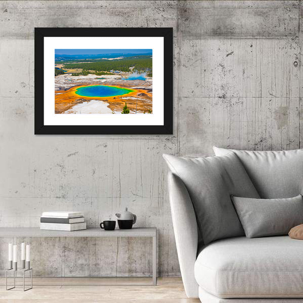 Grand Prismatic Spring Aerial View Wall Art in a room, landscape