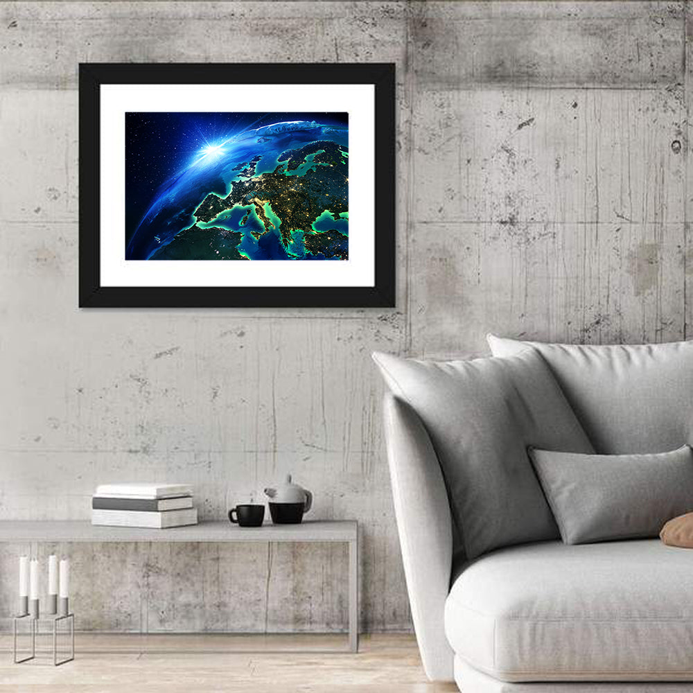 Europe at Night Wall Art in a room, landscape