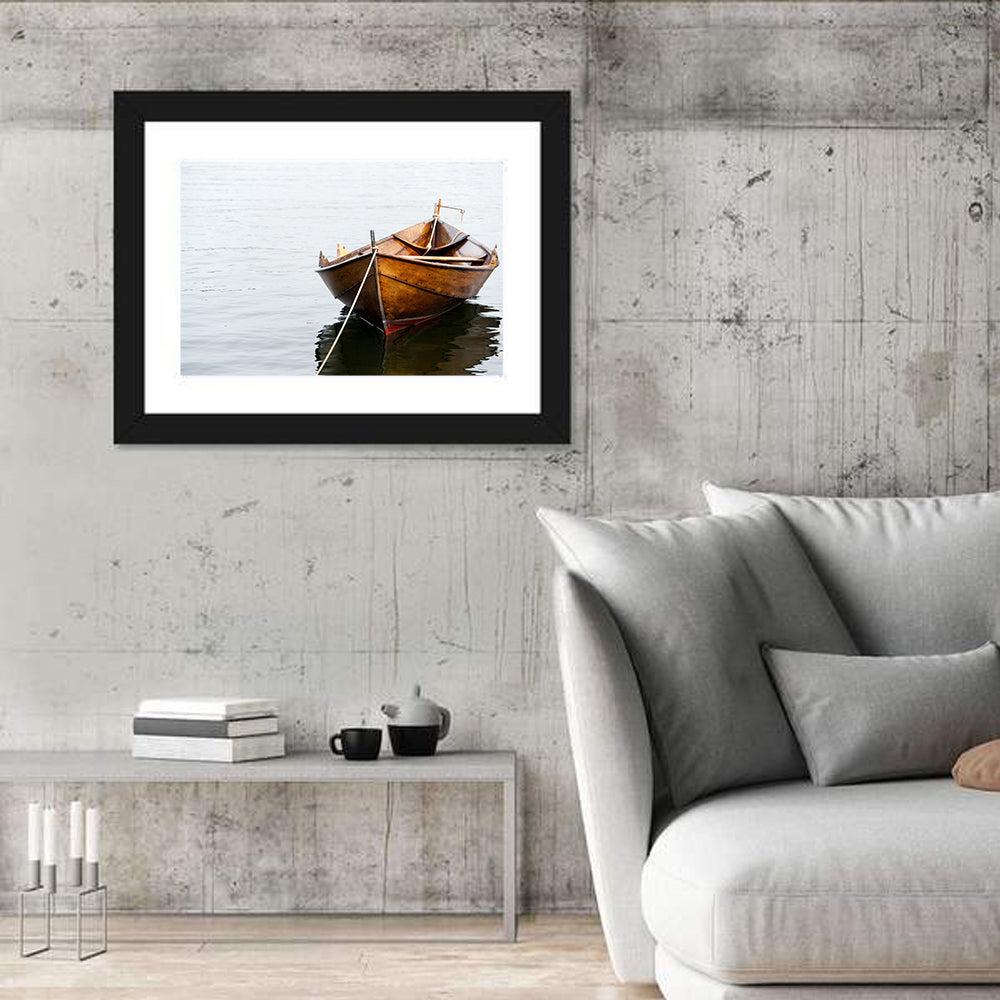 Tethered Wooden Rowboat on Calm Water Wall Art