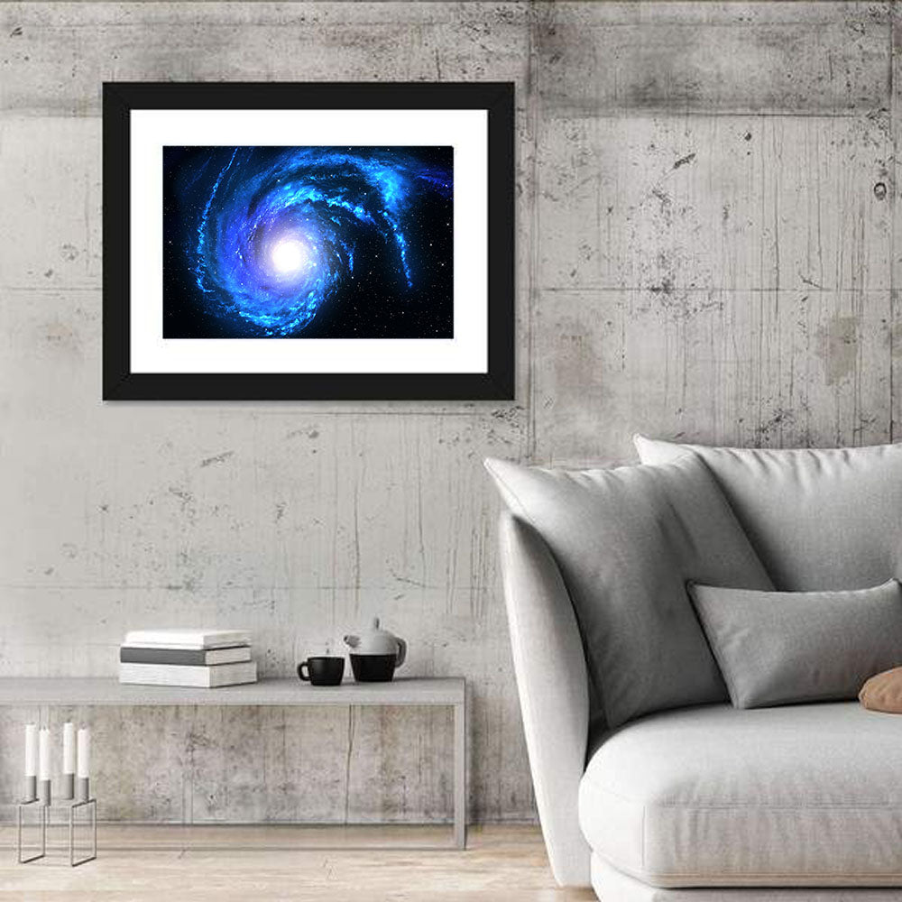 Glowing Blue Spiral Galaxy Wall Art in a room, landscape