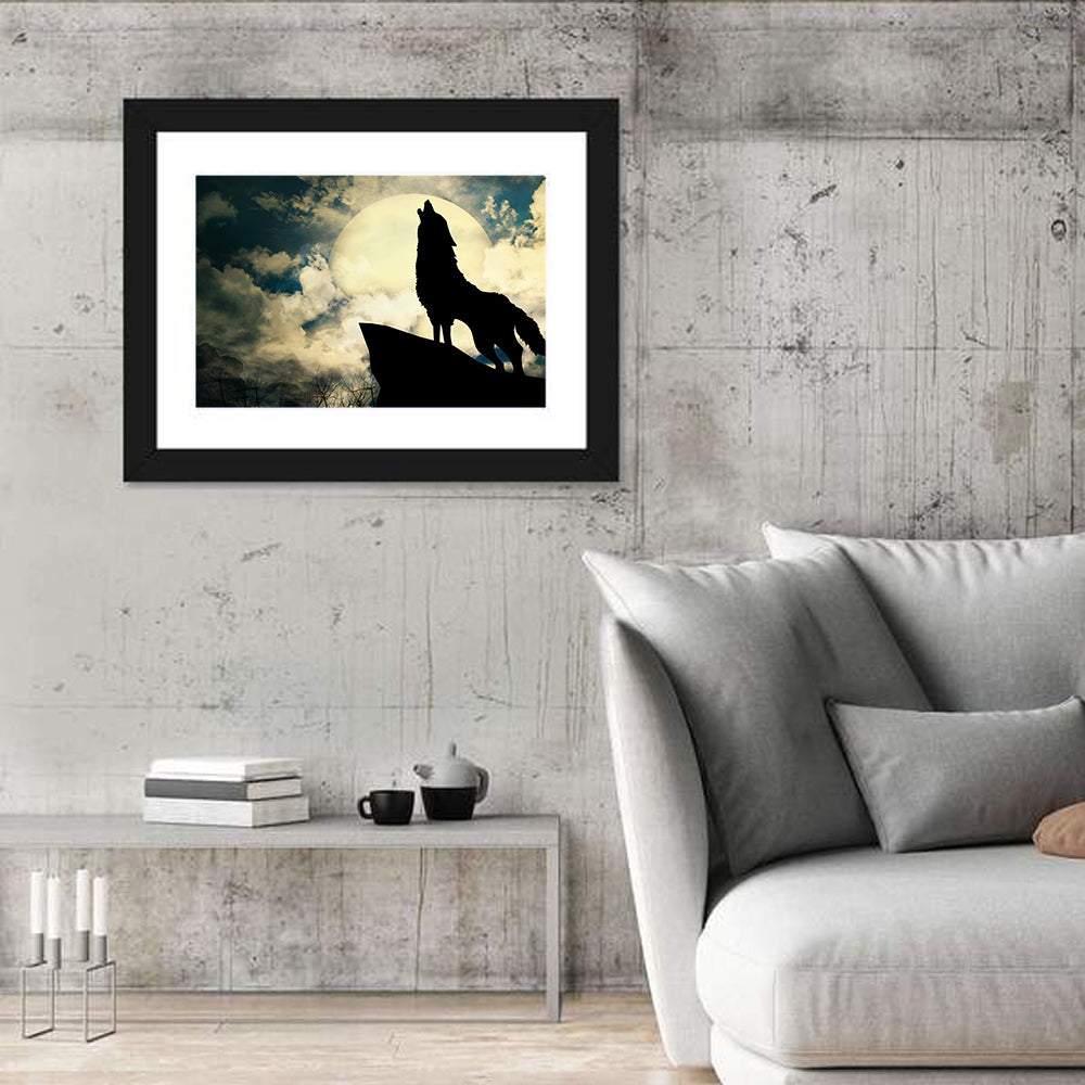 Howling Wolf Silhouette Against Full Moon Wall Art in a room, landscape
