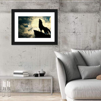 Howling Wolf Silhouette Against Full Moon Wall Art
