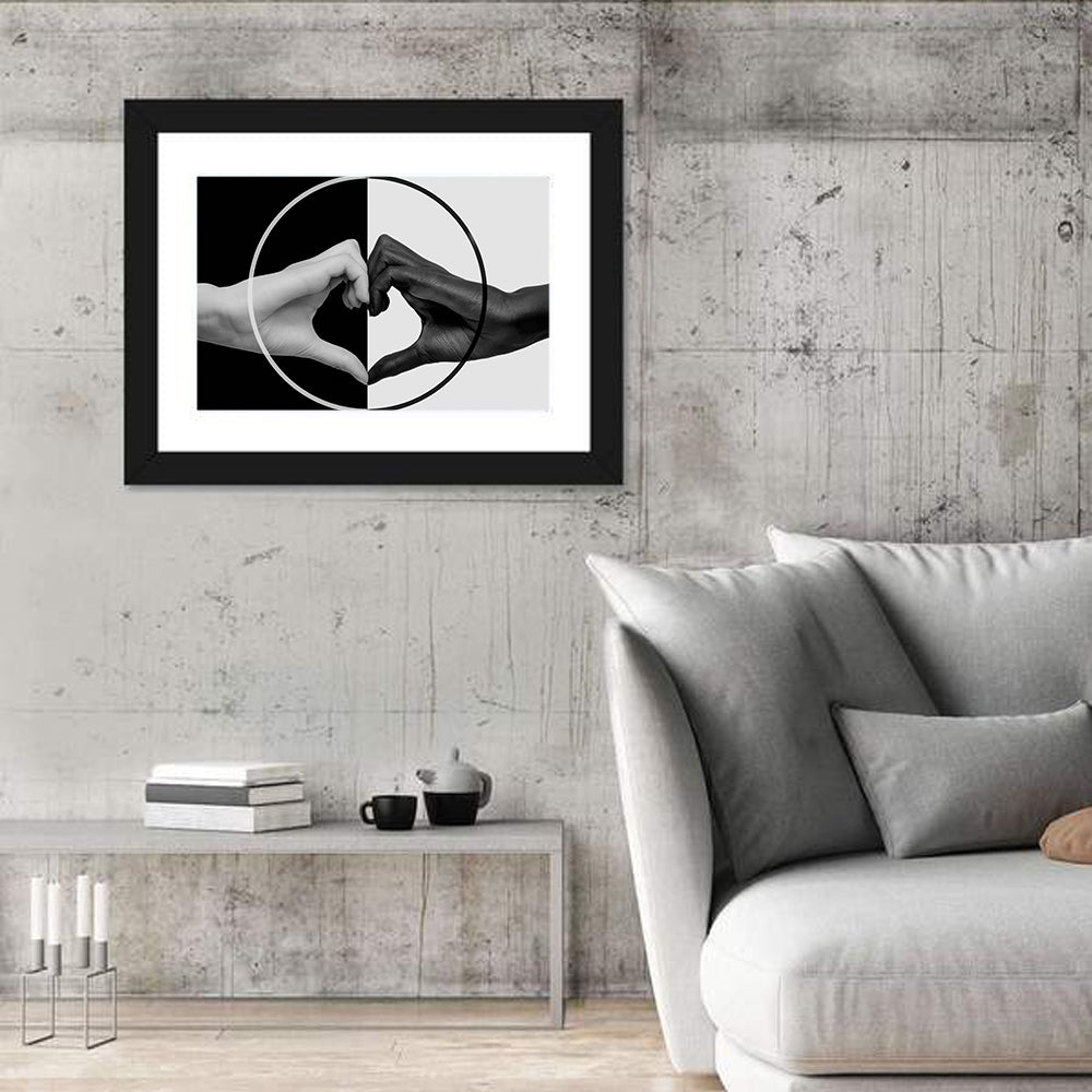 Hands Forming Heart Circle Wall Art in a room, landscape