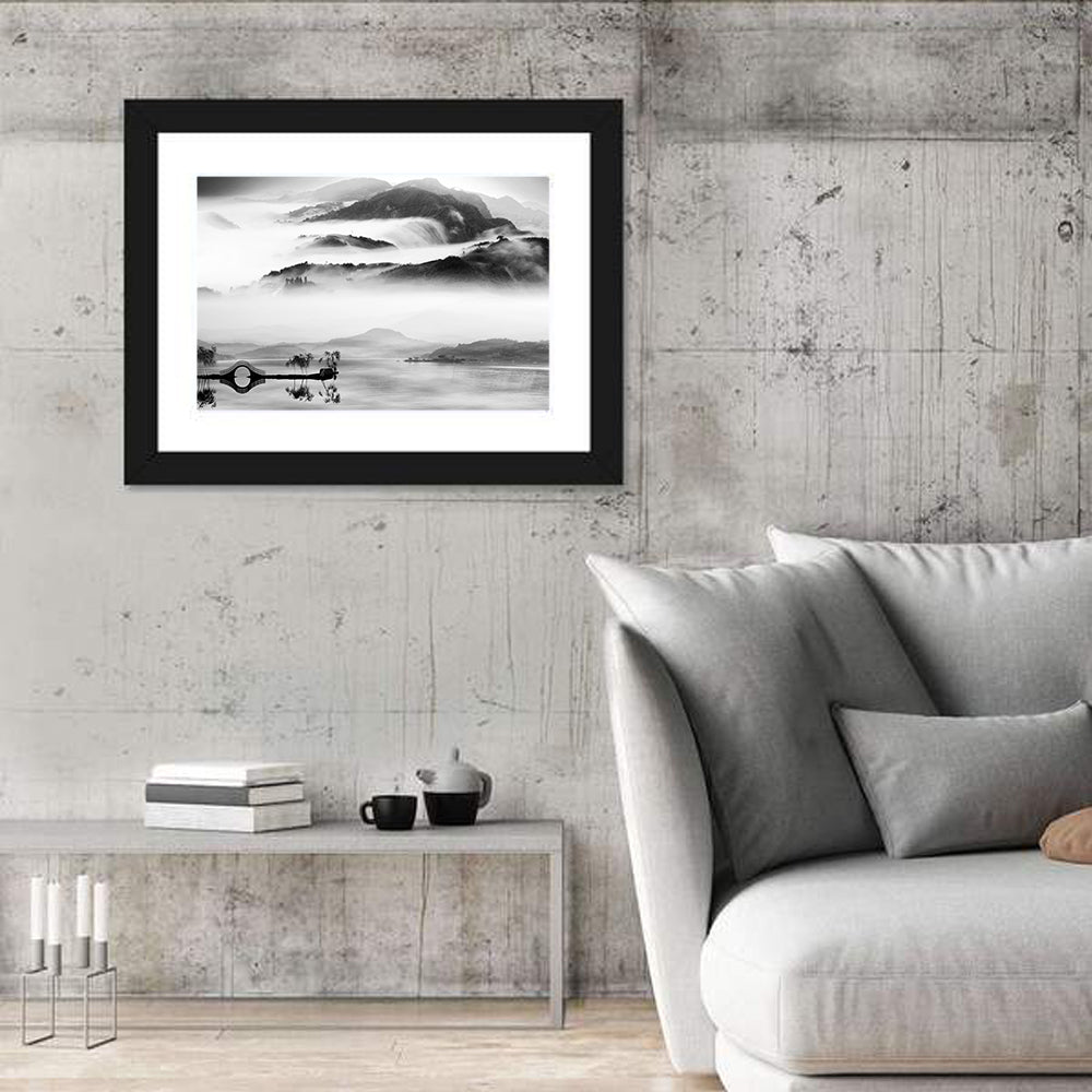 Misty Chinese Lake with Bridge Wall Art in a room, landscape