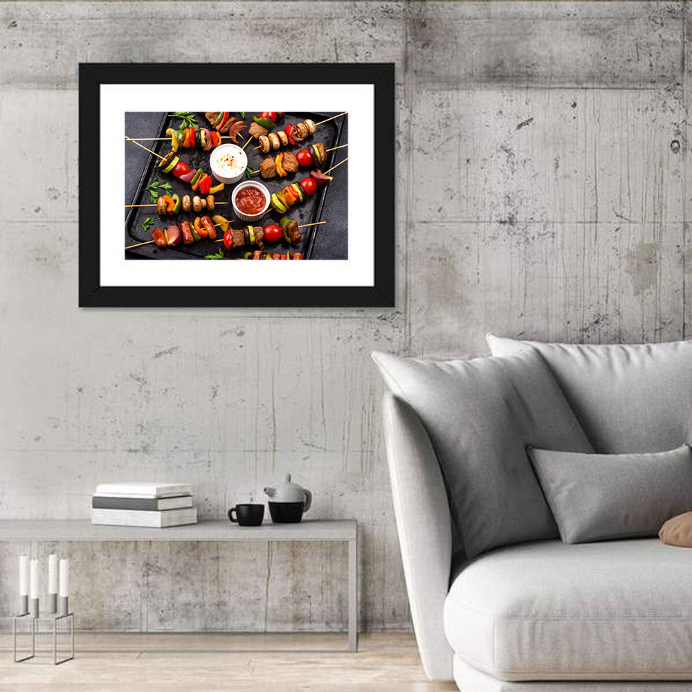 Grilled Meat and Vegetable Kebabs Wall Art in a room, landscape