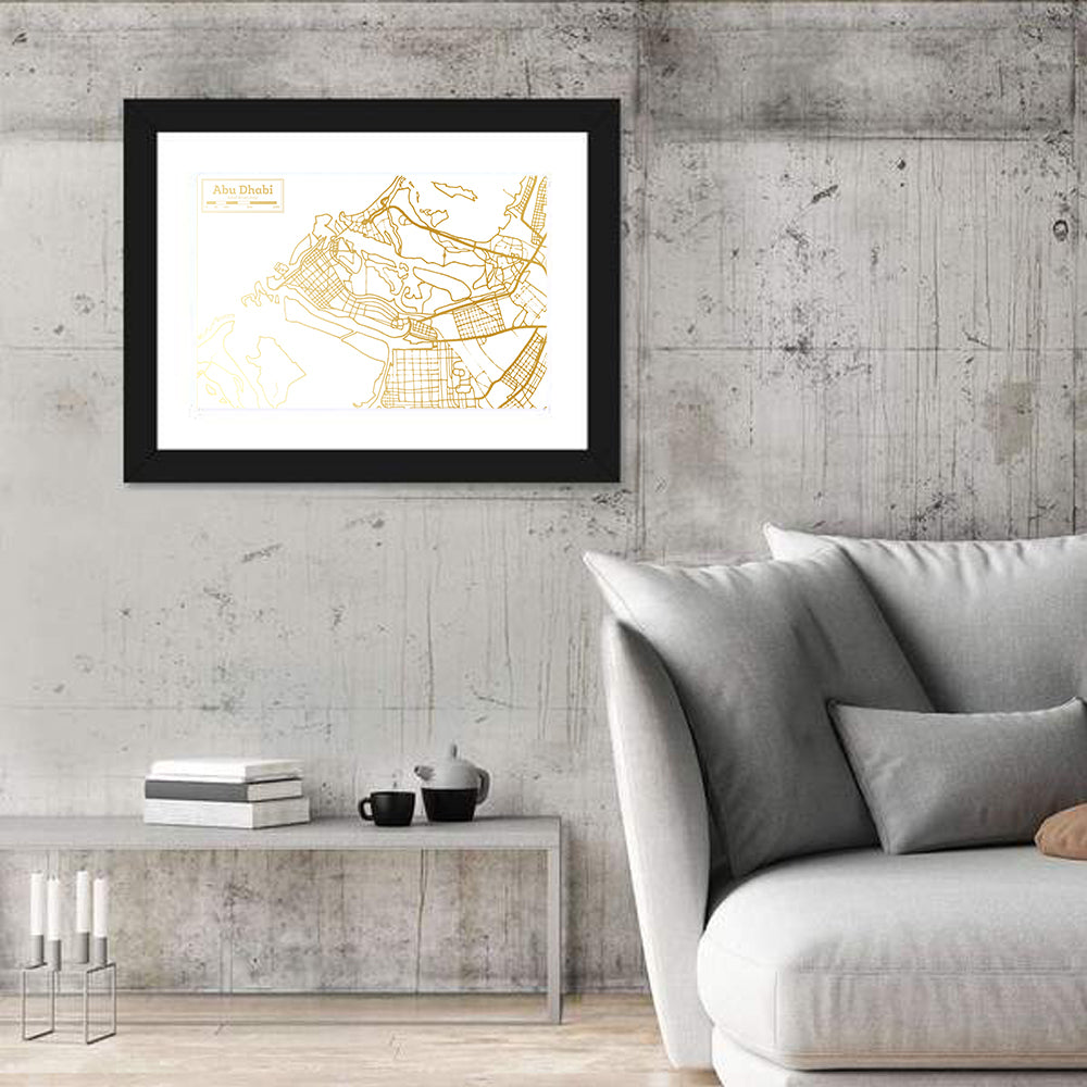 Abu Dhabi Gold Line Map Wall Art in a room, landscape