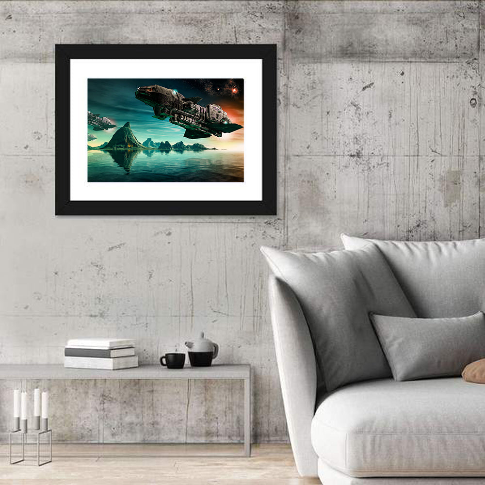 Dusk Battle Spacecraft Over Mountain Lake Wall Art in a room, landscape