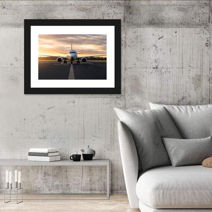 Front Facing Airplane on Runway at Sunset Wall Art