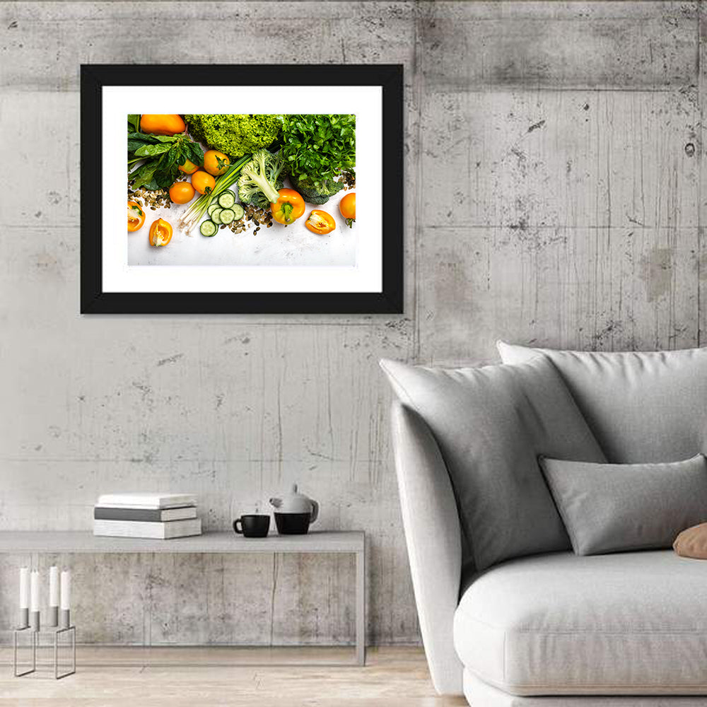 Fresh Vegetable Flat Lay Wall Art in a room, landscape