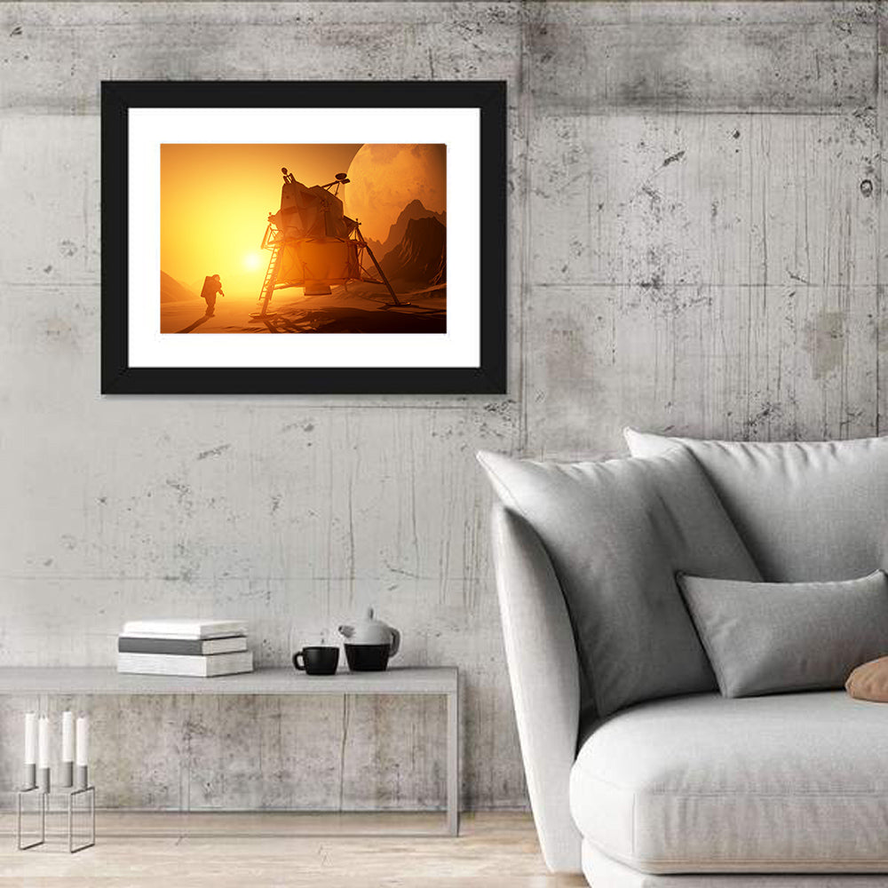 Moonwalker with Lunar Module at Sunset Wall Art in a room, landscape