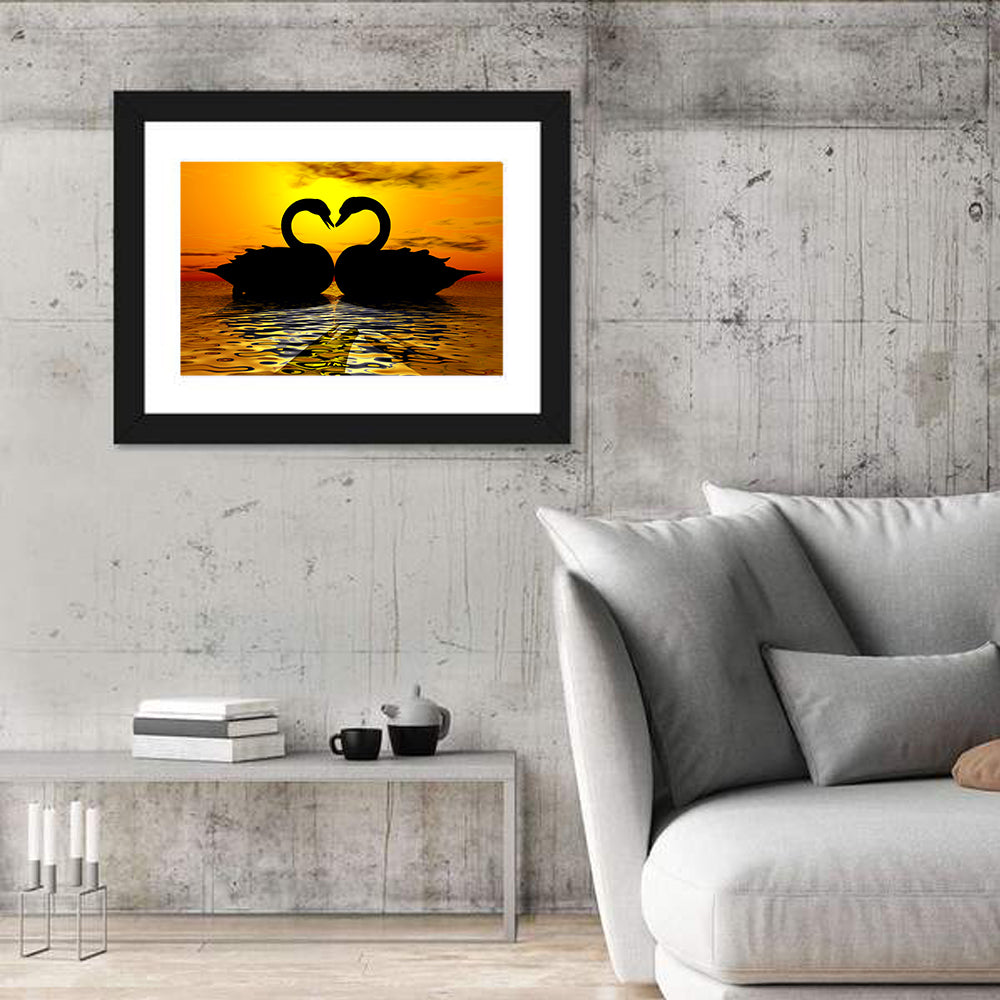 Swans Forming Heart at Sunset Wall Art