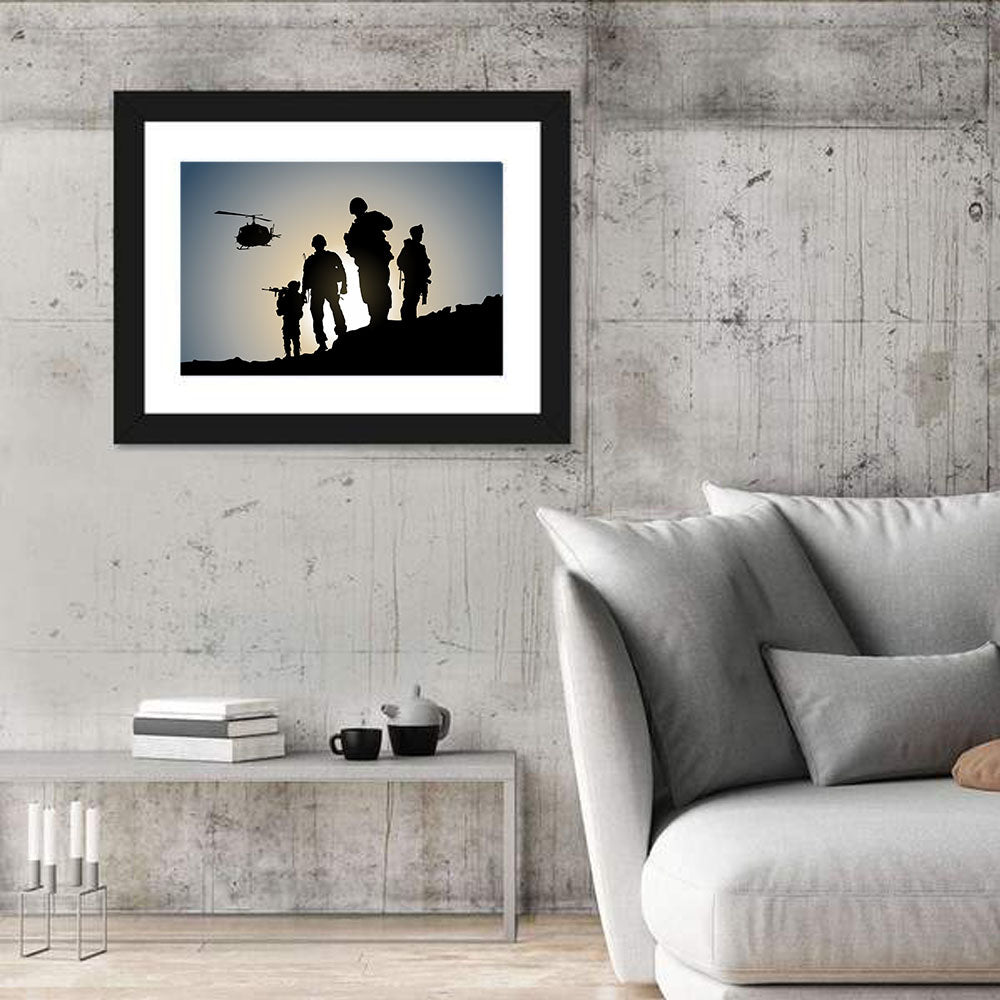 Soldiers on Ridge with Helicopter Wall Art in a room, landscape