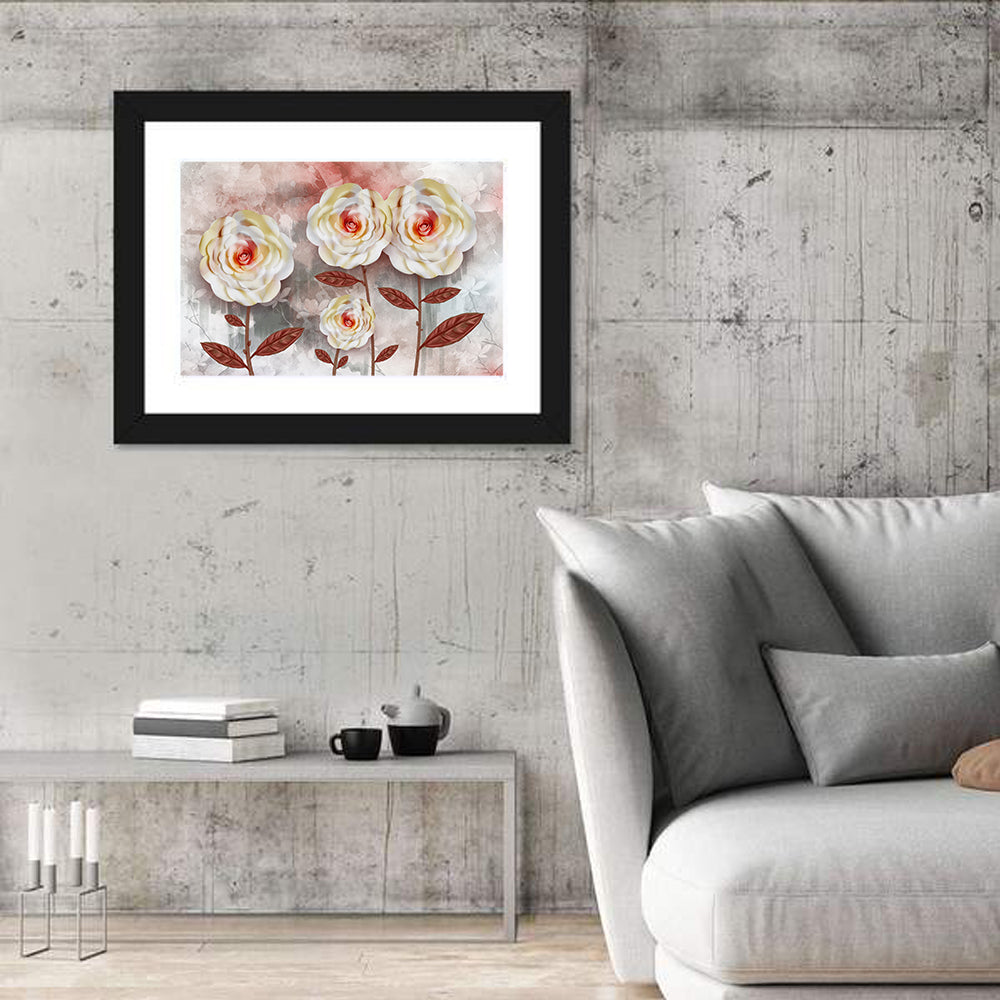 Layered Peach Rose Illustration Wall Art in a room, landscape