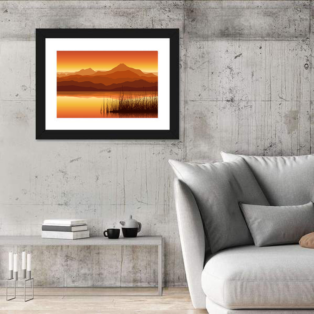 Golden Mountain Lake Sunset Wall Art