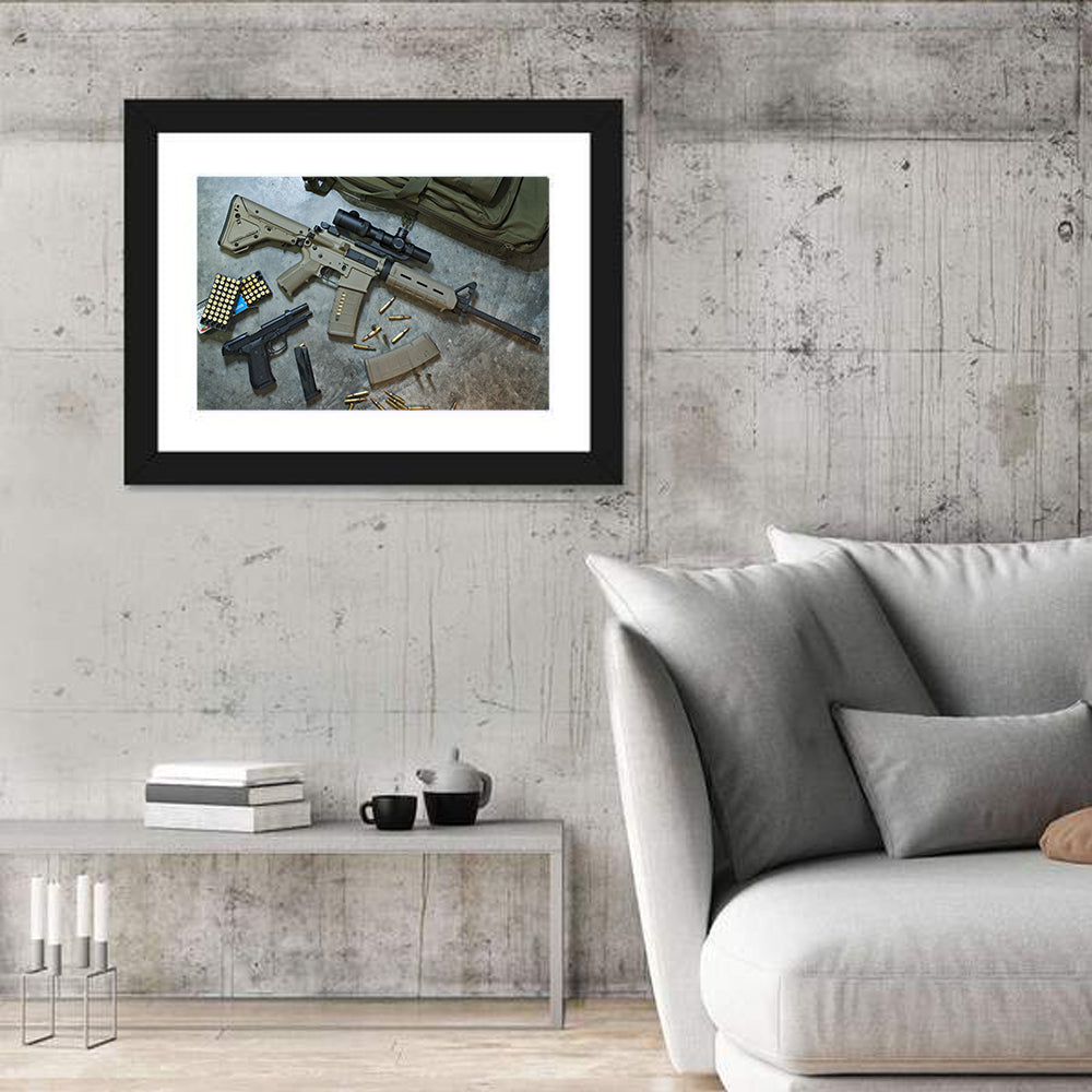 Scoped Rifle and Handgun with Ammo Wall Art in a room, landscape