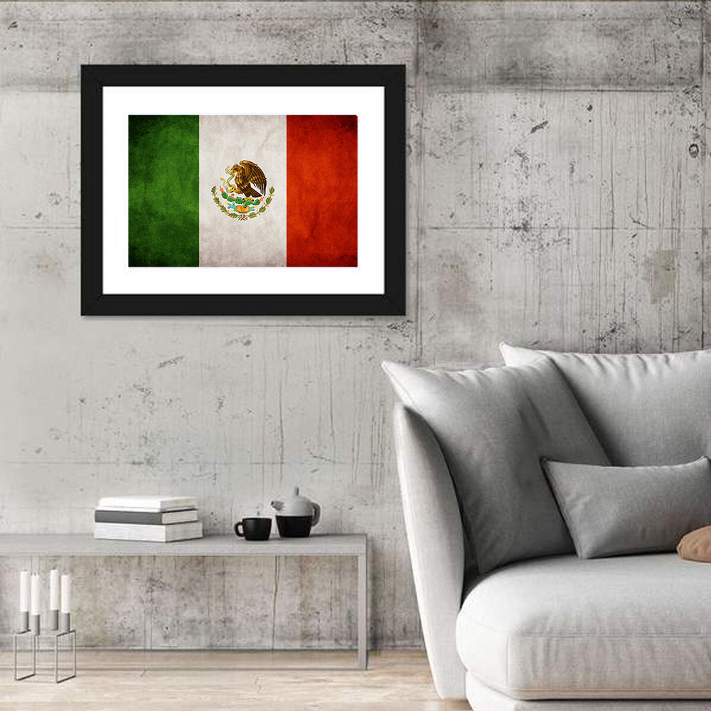 Vintage Mexican Flag Emblem Wall Art in a room, landscape