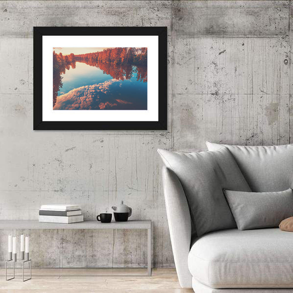 Golden Sunrise Over Reflective Lake Wall Art in a room, landscape