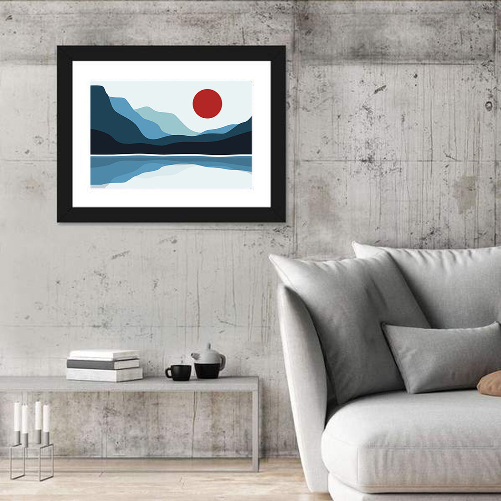 Layered Mountain Lake Illustration Wall Art in a room, landscape