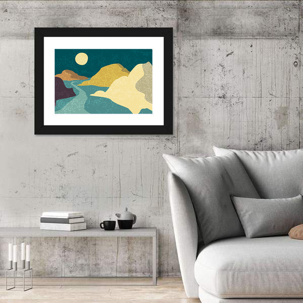 Moonlit Minimalist Mountain Wall Art in a room, landscape