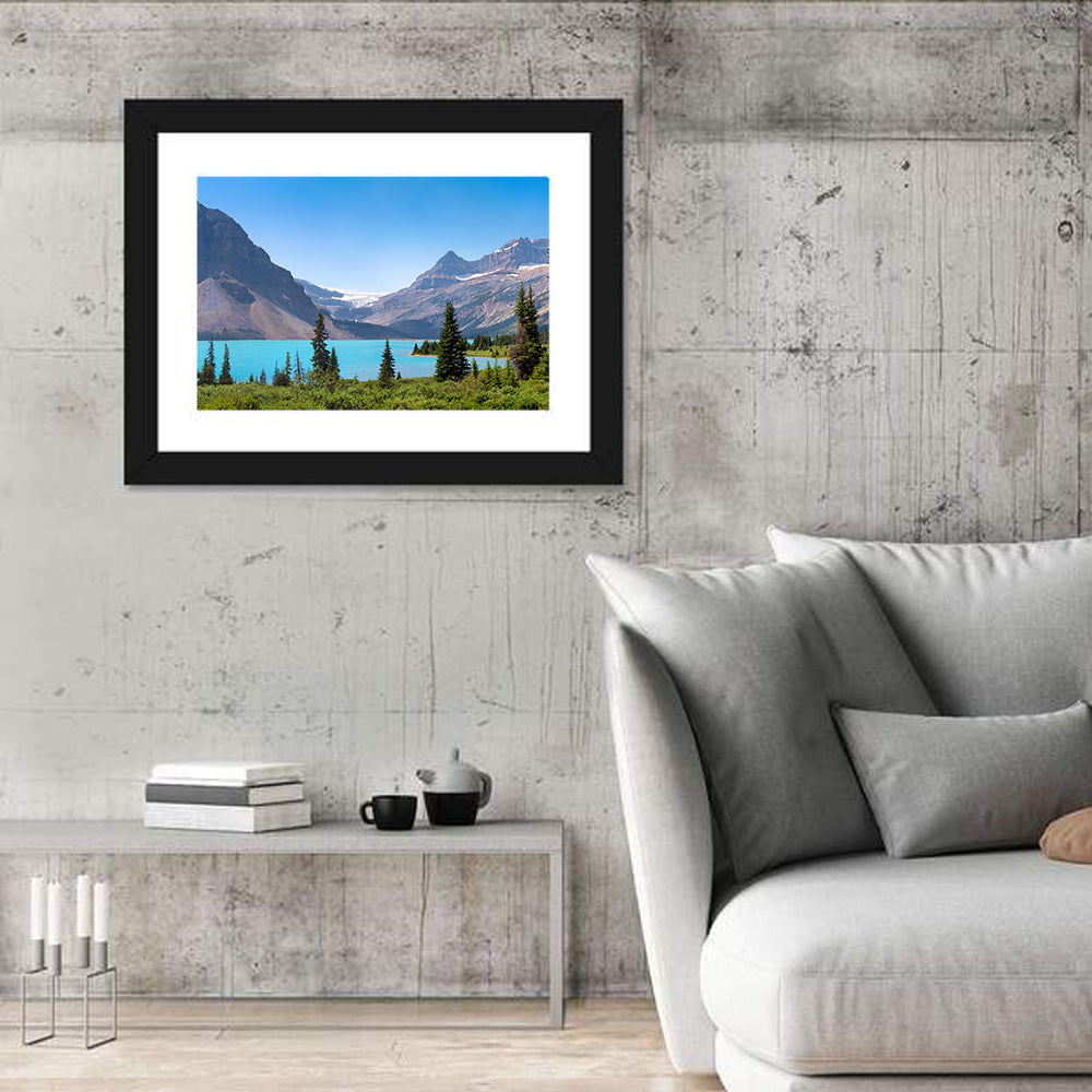 Bow Lake Turquoise Waters Wall Art in a room, landscape