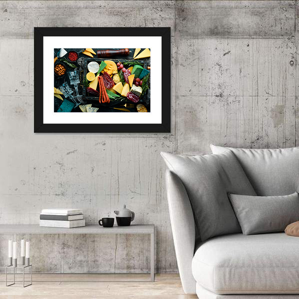 Charcuterie Tray with Wine Glasses Wall Art in a room, landscape