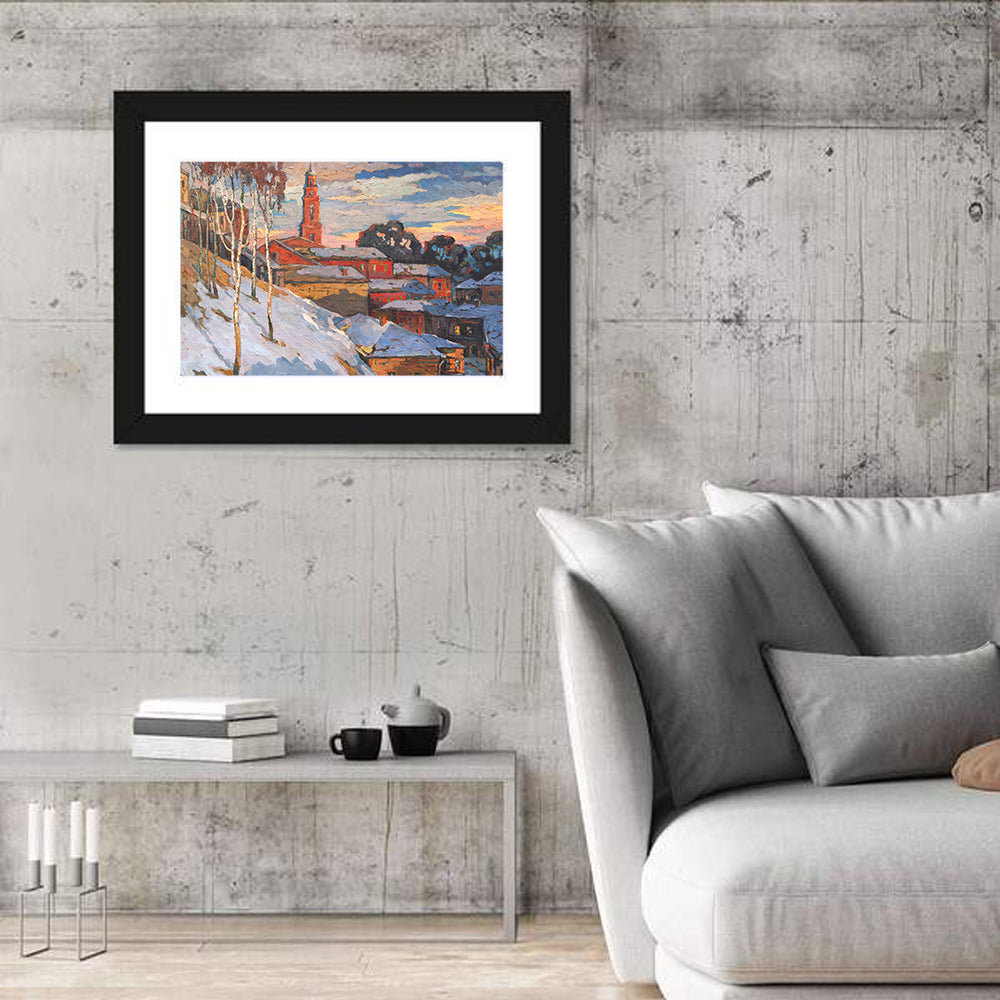 Winter Cityscape at Sunset Wall Art in a room, landscape