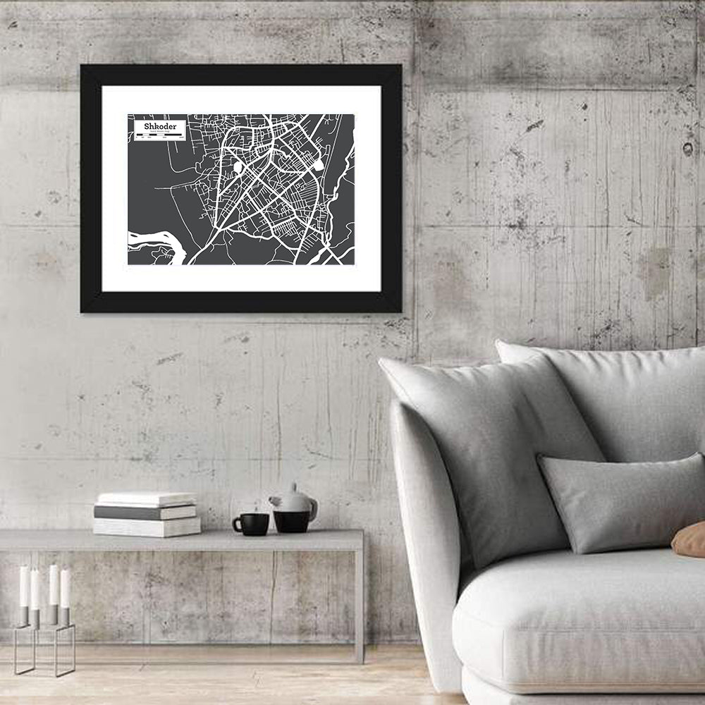 Shkoder City Map Albania Wall Art in a room, landscape