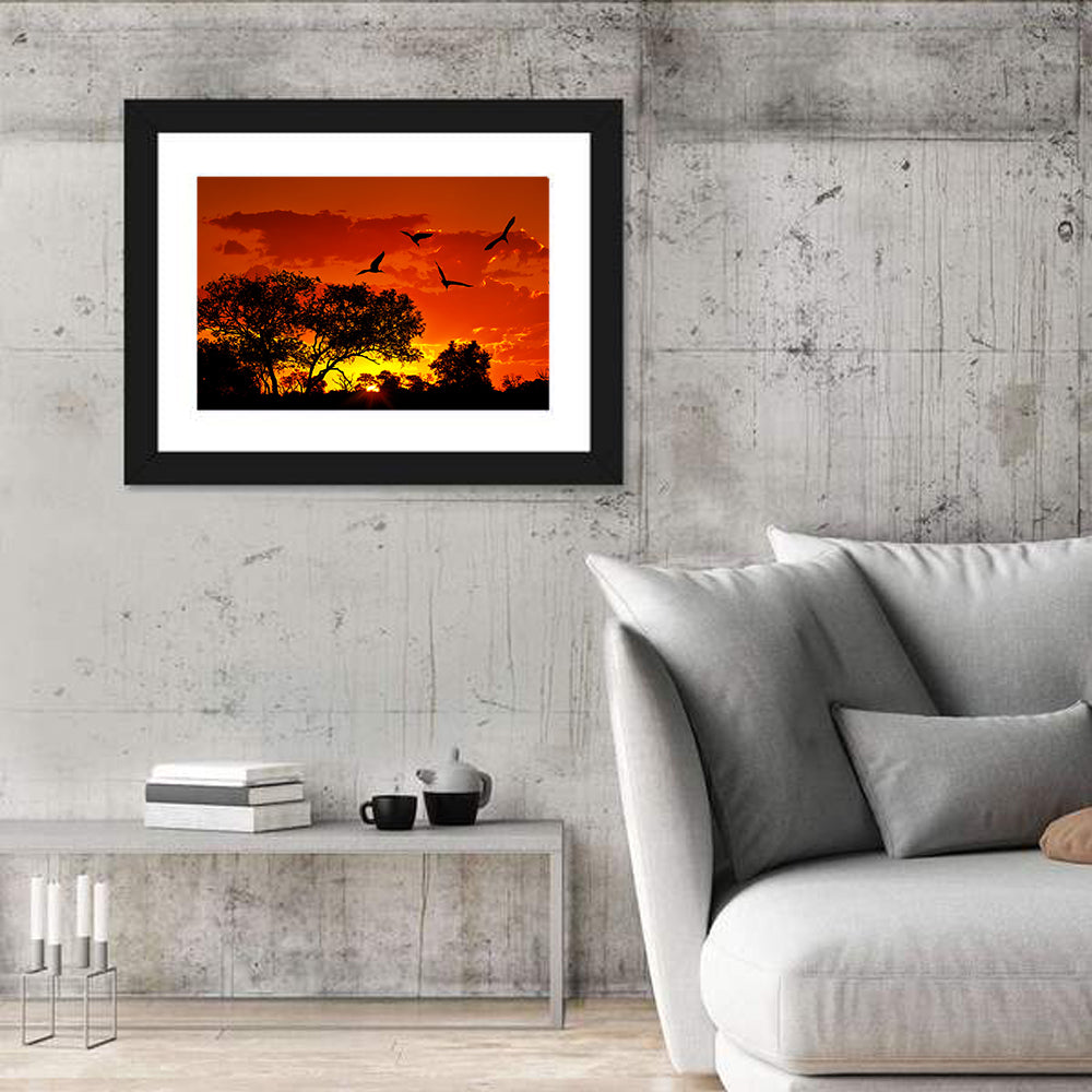 African Sunset Silhouette Wall Art in a room, landscape