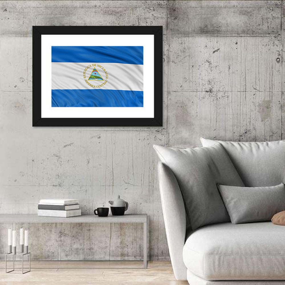 Nicaraguan Flag with Emblem Wall Art in a room, landscape