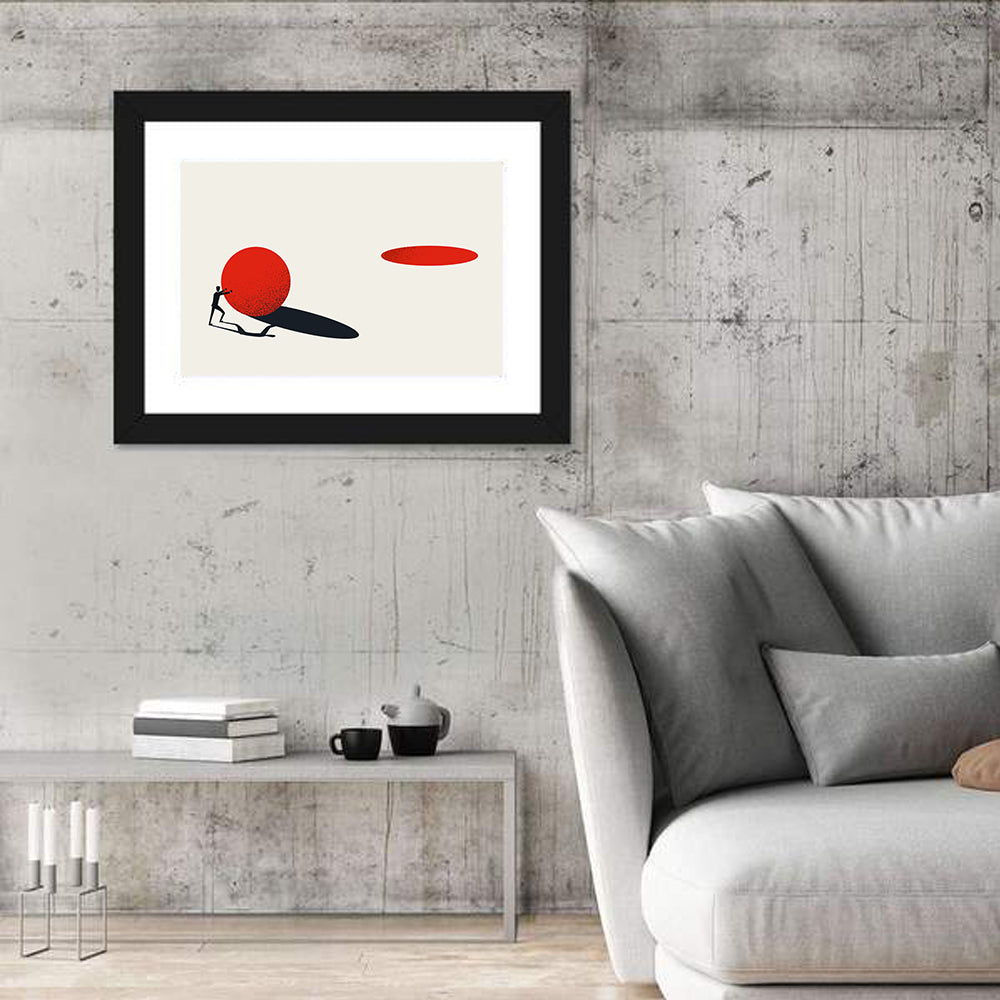 Man Pushing Sphere Wall Art in a room, landscape