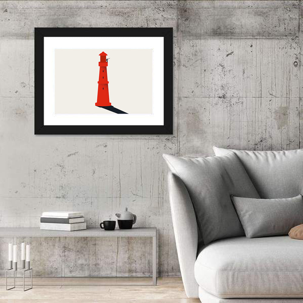 Red Lighthouse with Telescope Silhouette Wall Art in a room, landscape