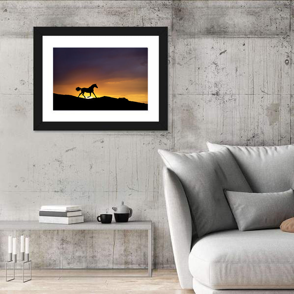 Running Horse Silhouette Wall Art in a room, landscape