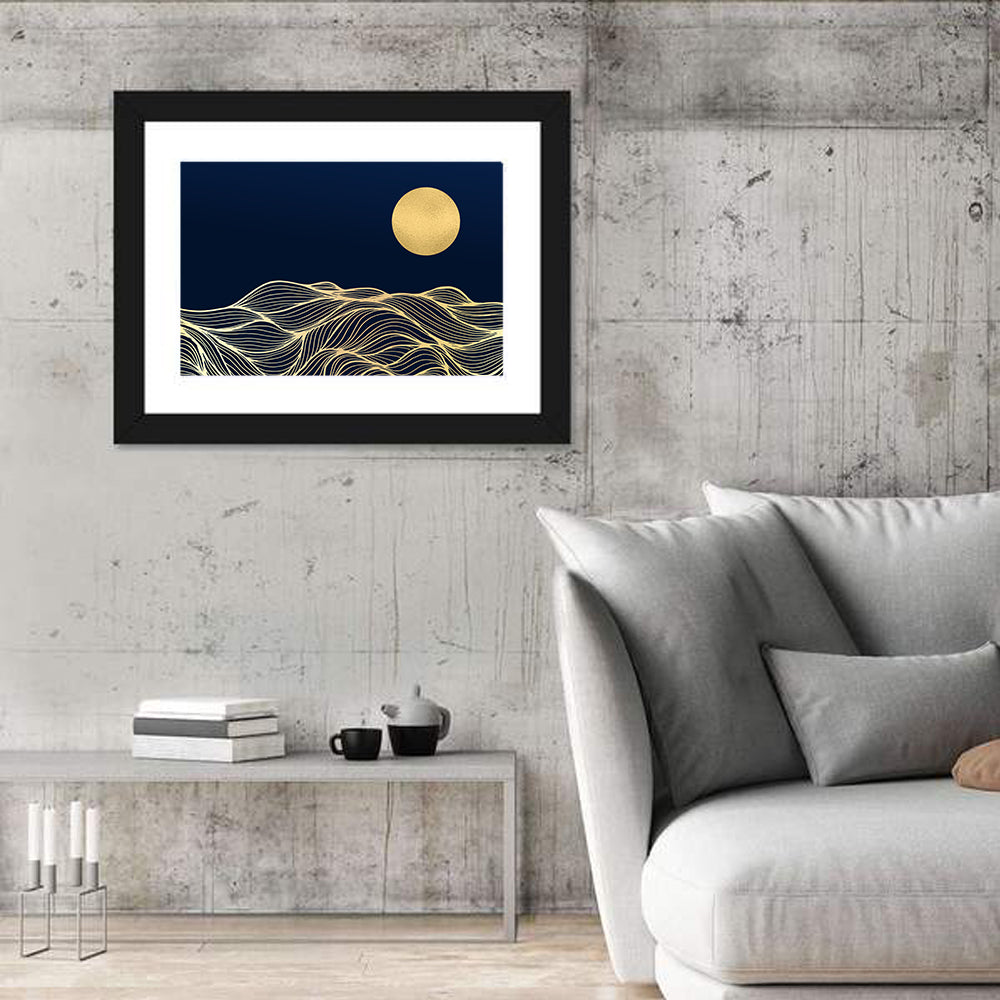 Geometric Moon Over Waves Wall Art