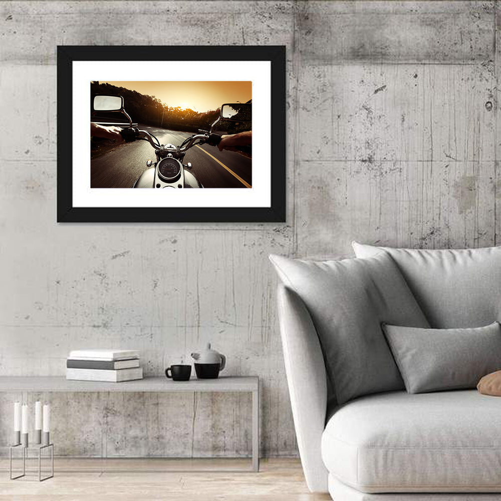 Motorcycle Handlebar View at Sunset Wall Art
