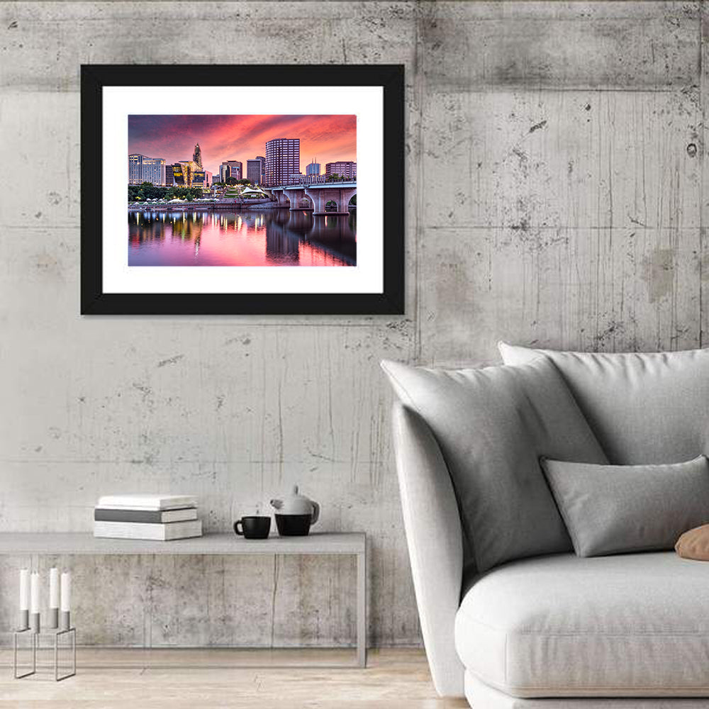 Hartford Skyline at Sunset Wall Art in a room, landscape