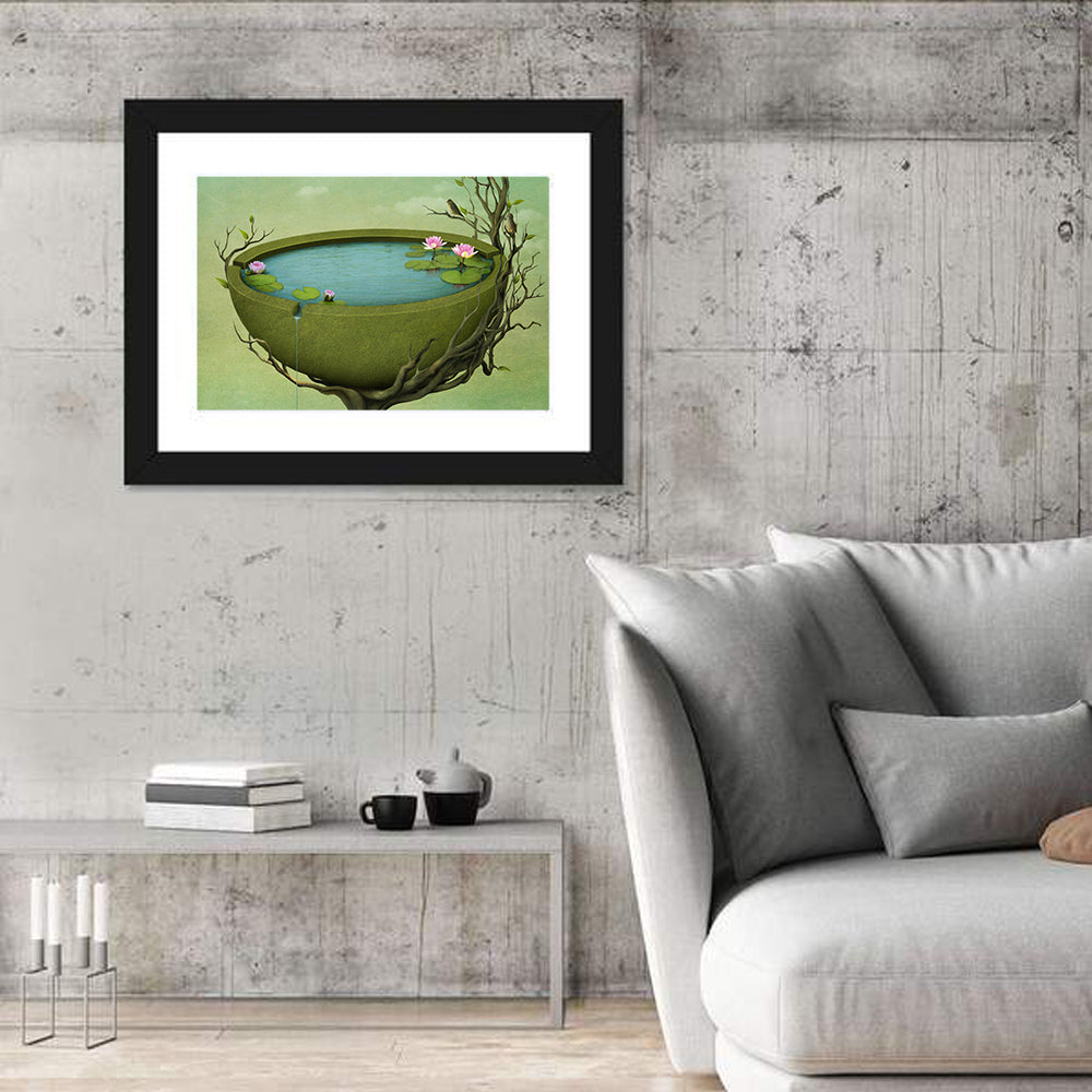Surreal Tree Basin with Water Lilies Wall Art in a room, landscape