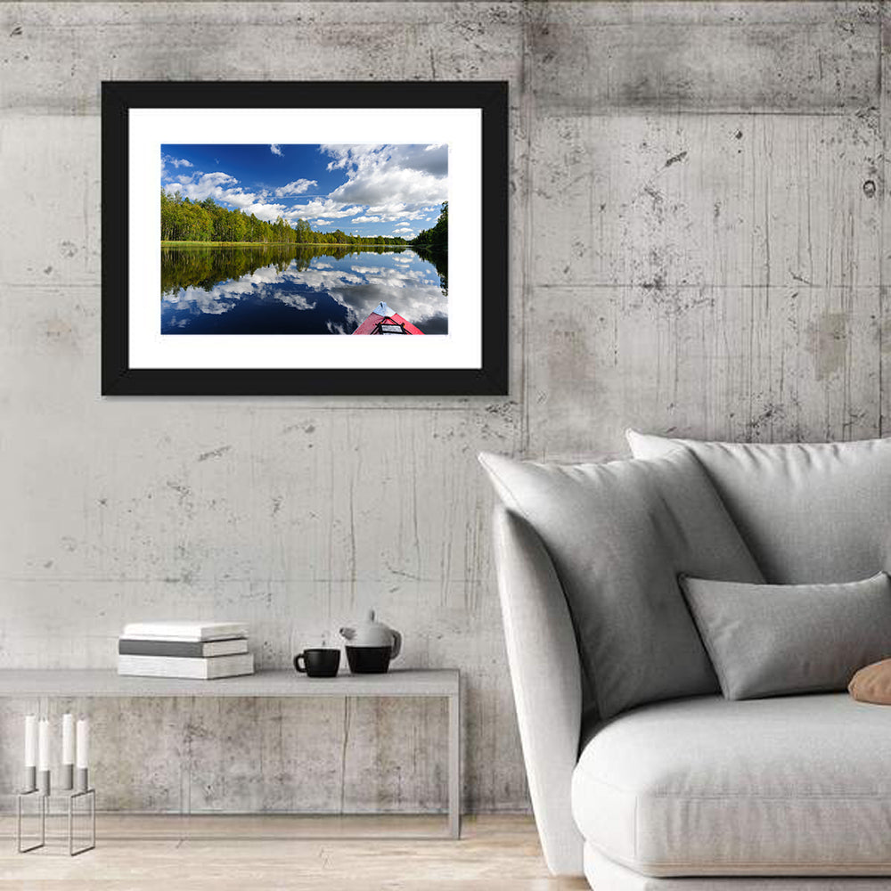 Red Kayak on Calm Lake Wall Art in a room, landscape
