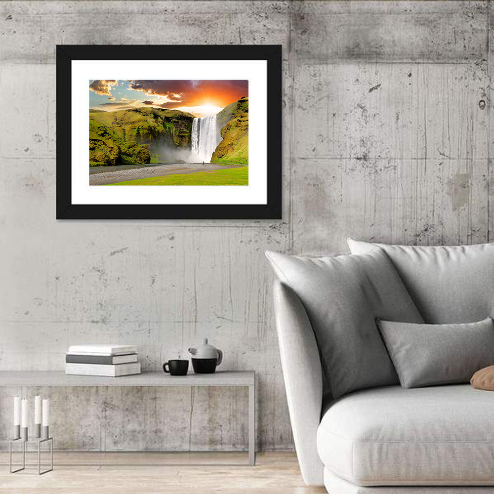 Skógafoss at Sunset, Iceland Wall Art in a room, landscape