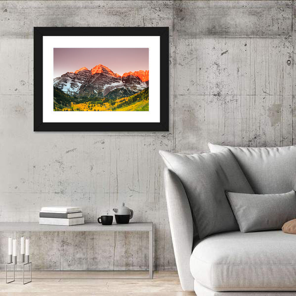 Maroon Bells Sunrise Wall Art in a room, landscape