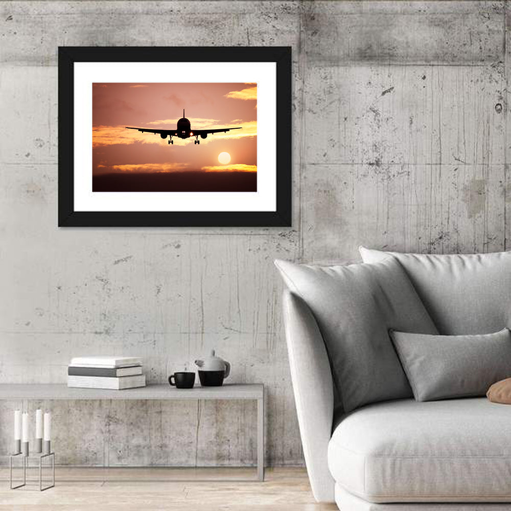 Airplane with Landing Gear at Sunset Wall Art in a room, landscape
