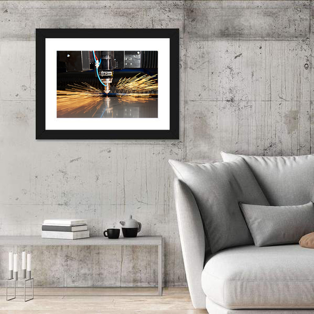 Laser Cutter Sparks on Metal Wall Art in a room, landscape